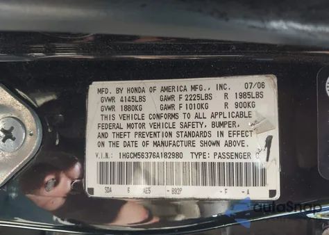 2006 Honda Accord 2.4 Se z USA, uszkodzony, nr VIN 1HGCM56376A182980